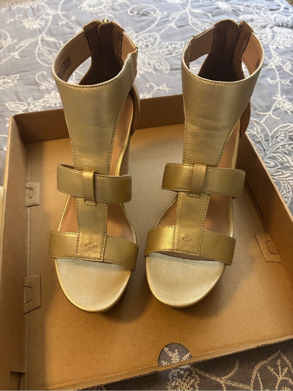 UGG Metallic Gold T-Strap Block Heel Sandals